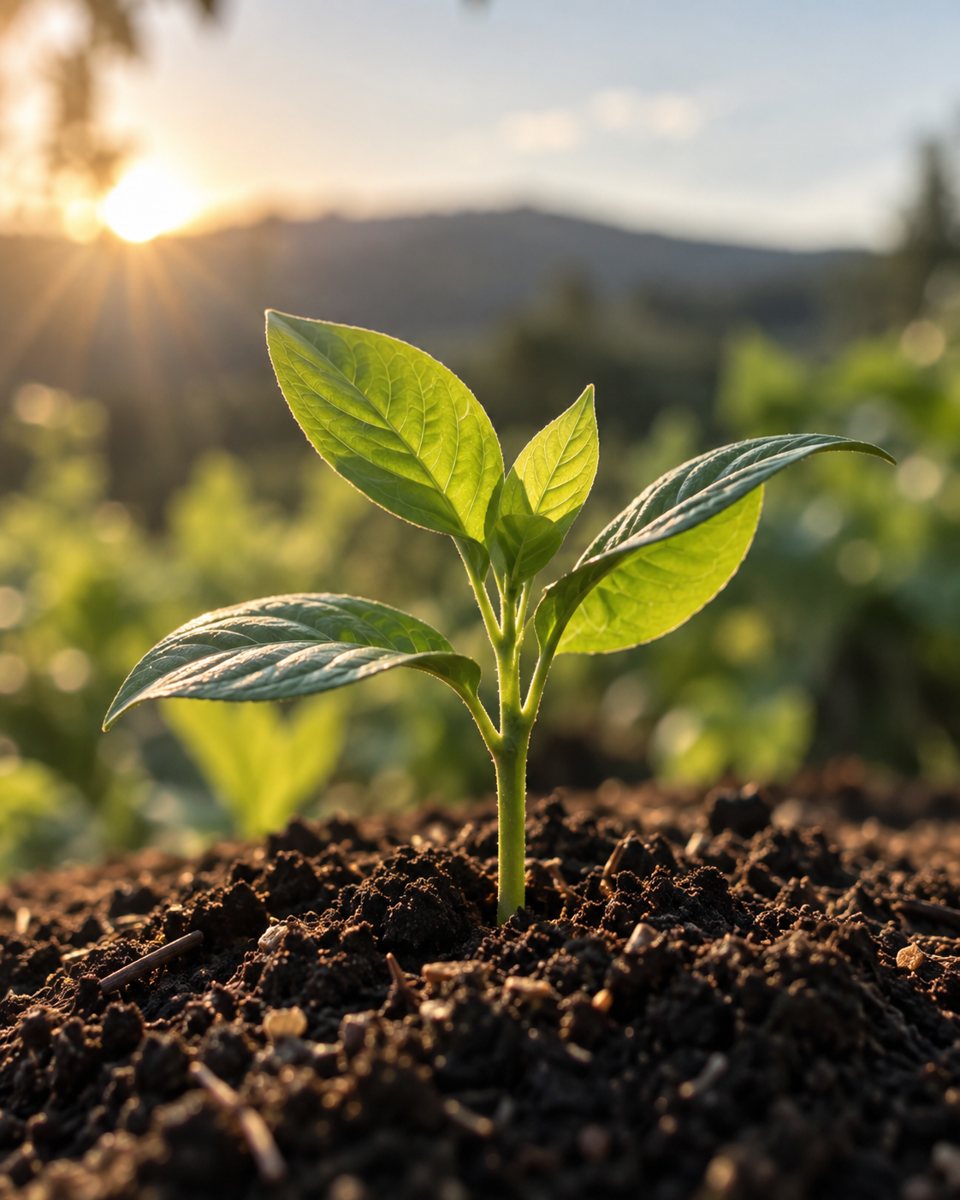 A young plant seedling growing in dark soil at sunrise