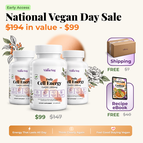 Promotional graphic for Viifra Veg Daily Cell Energy dietary supplements, featuring three white bottles on a light beige background with sale text, shipping, and a free recipe eBook.